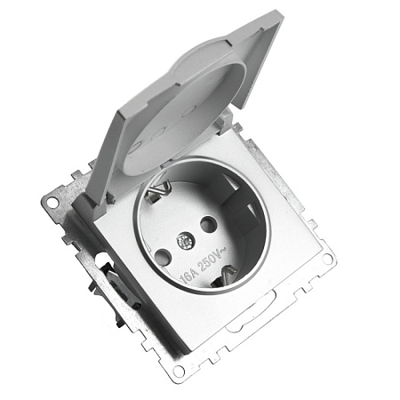 Розетка 1-местная с/з с крышкой (механизм), STEKKER GLS16-7112-03, 250В, 16А с защитной шторкой, серия Катрин, серебро - фото