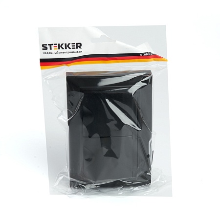 Розетка 2-местная с/з с крышкой, STEKKER, PST16-9015-03, 250В, 16А, серия Эрна, черный - фото