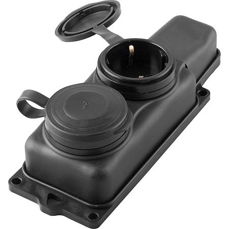 Розетка переносная 2-местная c/з STEKKER, RST16-22-44 (РП 16-232), 250В, 16А, IP44, черный - фото