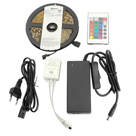 Светодиодная LED лента Feron LS606, 60SMD(5050)/m 14.4W/m 12V 5m RGB c адаптером с вилкой, контроллером с пультом в комплекте - фото