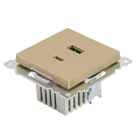 Розетка 2-местная USB + type C (механизм), 250В, 3А, max 20W, STEKKER, GLS10-7116-08, серия Катрин, золото - фото