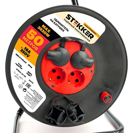 Удлинитель на катушке Stekker STD03-44-50 Standart 4-местный с/з ПВС 3*1,5, оранжевый, 16А, IP44, 50м (29408) - фото