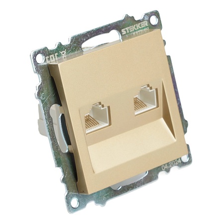 Розетка компьютерная 2-местная RJ-45 (механизм) STEKKER GLS00-7109-08, серия Катрин, золото - фото