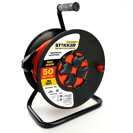 Удлинитель на катушке Stekker STD03-44-50 Standart 4-местный с/з ПВС 3*1,5, оранжевый, 16А, IP44, 50м (29408) - фото
