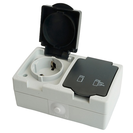 Розетка 2-местная с крышкой с/з STEKKER PST16-12-54, пластик АВS, 250В, 16А, IP54, серый/графит - фото