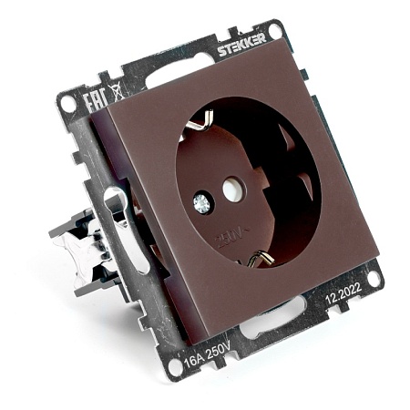 Розетка 1-местная с/з (механизм), STEKKER GLS16-7110-04, 250В, 16А с защитной шторкой, серия Катрин, шоколад - фото