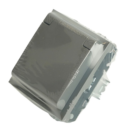 Розетка 1-местная с крышкой с защ. штор, STEKKER, с/з, 250В, 16А, серия Эмили, RST16-5112-10, платиново-серый, soft touch - фото