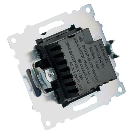 Розетка 2-местная USB + type C (механизм), STEKKER GLS10-7116-05, 250B, 3А, серия Катрин, черный - фото