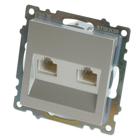 Розетка компьютерная 2-местная RJ-45 (механизм) STEKKER GLS00-7109-03 , серия Катрин, серебро - фото