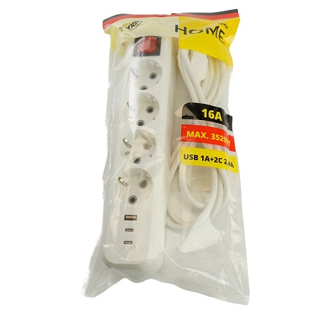 Удлинитель 4-местный с/з с выключ. STEKKER HM071-41-02 3x1мм2, 2м, 250В, 16А, 1USB+2C, 2.4A, сер Home, белый - фото