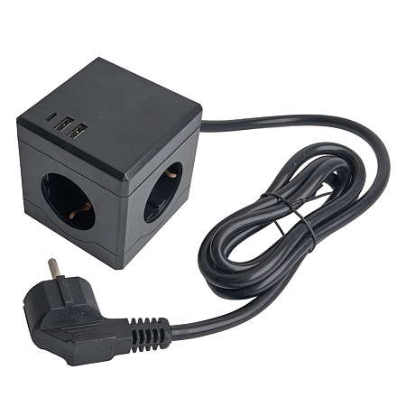 HM10-41-01 Удлинитель 3-местный с/з, 3x1мм2, 1.5м, 250В, 16А, 2USB+1С, 5V 3,1А, серия Comfort, черный - фото