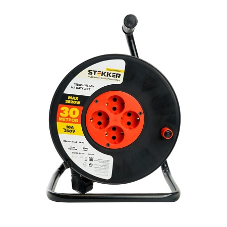 Удлинитель на катушке Stekker STD03-20-30 Standart 4-местный с/з ПВС 3*1,5, оранжевый, 16А, IP20,30м (29405) - фото