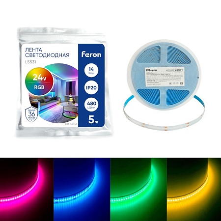 Светодиодная COB лента Feron LS531 480SMD(2110)/ 14Вт/м 24V 5000*8*1.8мм RGB, IP20 - фото