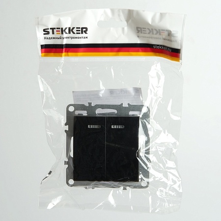 Выключатель 2-клавишный с индикатором (механизм), STEKKER, PSW10-9102-03, 250В, 10А, серия Эрна, черный - фото