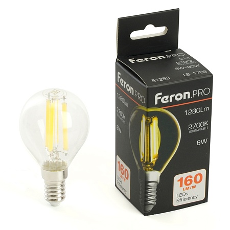 Лампа светодиодная Feron.PRO LB-1708 Шарик E14 1280LM 8W 175-265V 2700K - фото