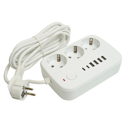 Удлинитель 3-местный c/з 3x1 мм2, 3 м, 250В, 10А, 4USB+2Type-C 2,4А, серия Home plus, белый STEKKER HM09-36-02 - фото