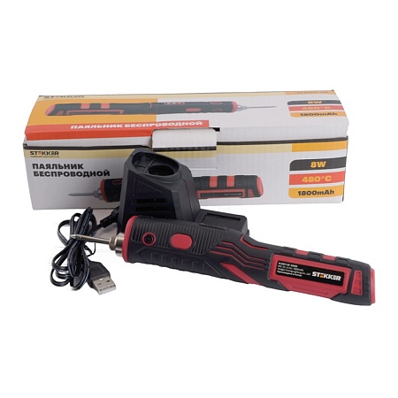 Паяльник беспроводной 8W, нихромовый нагреватель, 1800 mAh, 5В, красный/черный, PLE801-08 - фото