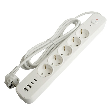 Сетевой фильтр 5-местный с/з STEKKER 3x1мм2, 5 м, 250В, 16А, 2 USB-A+2 Type-C 3, серия Nova, белый - фото