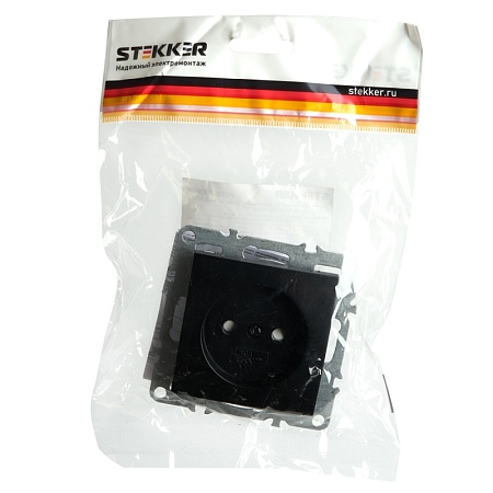 Розетка 1-местная б/з (механизм), STEKKER, PST10-9109-03, 250В, 16А с защитной шторкой, серия Эрна, черный - фото