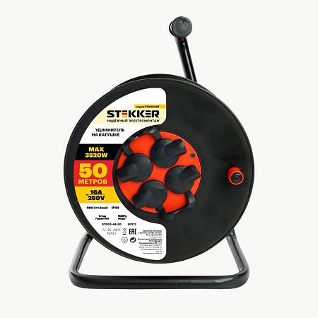 Удлинитель на катушке Stekker STD03-44-50 Standart 4-местный с/з ПВС 3*1,5, оранжевый, 16А, IP44, 50м (29408) - фото