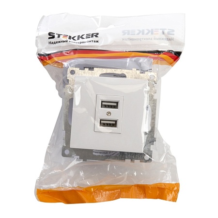 Розетка USB 2-местная (механизм), STEKKER GLS10-7115-01, 250B, 2,1А, серия Катрин, белый - фото