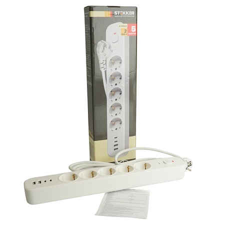 Сетевой фильтр 5-местный с/з STEKKER 3x1мм2, 3 м, 250В, 16А, 2 USB-A+2 Type-C 3, серия Nova, белый - фото