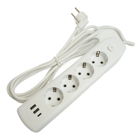 Удлинитель 4-местный c/з 3x1 мм2, 3 м, 250В, 10А, 2USB+1Type-C 2,4А, серия Home plus, белый STEKKER HM08-43-02 - фото