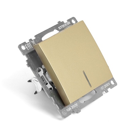 Выключатель 1-клавишный c индикатором (механизм), STEKKER, GLS10-7101-08, 250В, 10А, серия Катрин, золото - фото