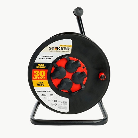 Удлинитель на катушке Stekker STD03-44-30 Standart 4-местный с/з ПВС 3*1,5, оранжевый, 16А, IP44, 30м (29407) - фото