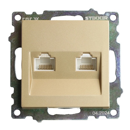 Розетка компьютерная 2-местная RJ-45 (механизм) STEKKER GLS00-7109-08, серия Катрин, золото - фото