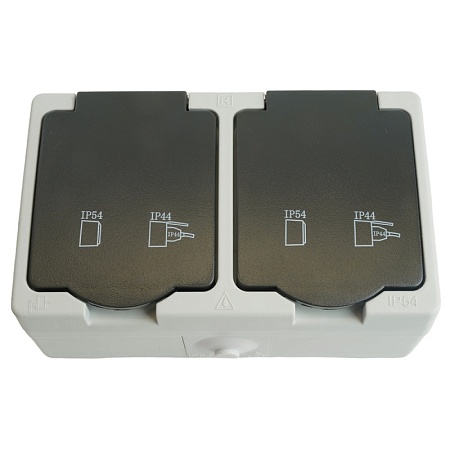 Розетка 2-местная с крышкой с/з STEKKER PST16-12-54, пластик АВS, 250В, 16А, IP54, серый/графит - фото