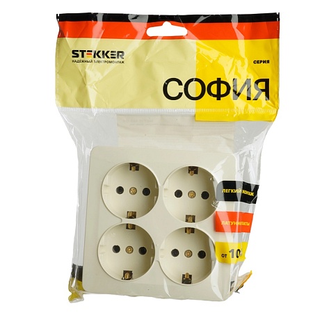 Розетка 4-местная с/з открытой установки, квадрат, STEKKER, 250В, 16А, IP20, серия София, слоновая кость, MST16-14S-04 - фото