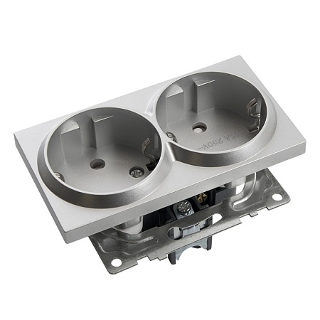 Розетка 2-местная с/з (механизм), STEKKER GLS16-7114-03, 250В, 16А с защитной шторкой, серия Катрин, серебро - фото