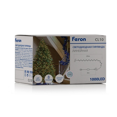 Светодиодная гирлянда Кластер Feron CL10 линейная 20м + 3м 230V 5000К, c питанием от сети, зеленый шнур - фото