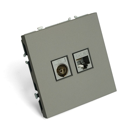 Розетка TV + компьютерная RJ-45 (механизм), STEKKER, серия Эмили, RST00-5106-10, платиново-серый, soft touch - фото