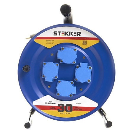 Удлинитель на металлической катушке с/з 4-местный Stekker, PRF02-41-30, 30м, 3*2,5, серия Professional, синий - фото