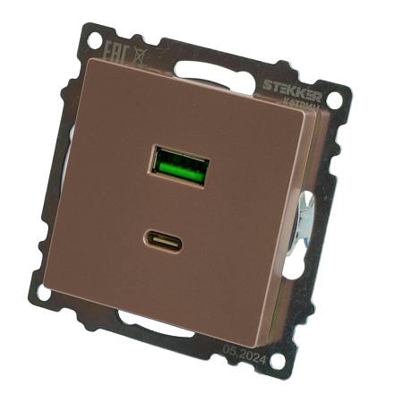 Розетка 2-местная USB + type C (механизм), STEKKER GLS10-7116-02, 250B, 3A, max 20W, серия Катрин, шампань - фото