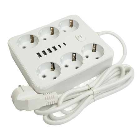 Удлинитель 6-местный c/з 3x1 мм2, 1,8 м, 250В, 10А, 4USB+2Type-C 2,4А, серия Home plus, белый STEKKER HM09-66-02 - фото