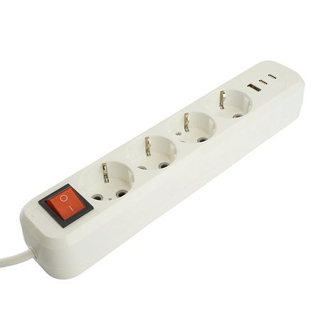 Удлинитель 4-местный с/з с выключ. STEKKER HM071-41-05 3x1мм2, 5м, 250В, 16А, 1USB+2C, 2.4A, сер Home, белый - фото