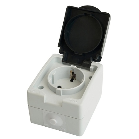 Розетка 1-местная с крышкой с/з STEKKER, PST16-11-54, пластик АВS, 250В, 16А, IP54, серый/графит - фото