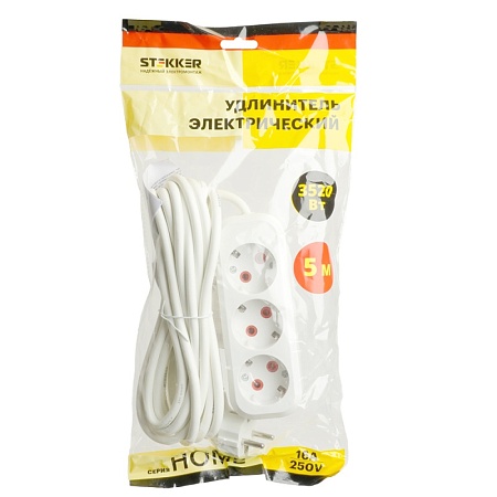 Удлинитель трехместный с/з  STEKKER HM06-31-05 3x1мм2, 5м, серия Home (У10-002), белый - фото