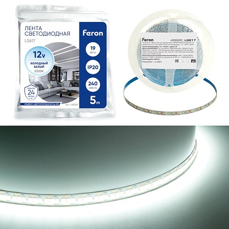 Светодиодная LED лента Feron LS617, 240SMD(2835)/м 19Вт/м 12V 5000*10*1.22мм 6500К, IP20 - фото
