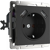Розетка с заземлением, шторками и USBх2 черный матовый WL08-SKGS-USBx2-IP20