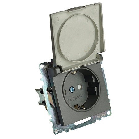 Розетка 1-местная с/з с крышкой (механизм), STEKKER GLS16-7112-04, 250В, 16А с защитной шторкой, серия Катрин, графит - фото