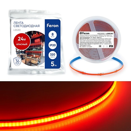 Светодиодная COB лента Feron LS530 320SMD(2110) 8Вт/м 24V 5000*8*1,8мм IP20, красный - фото