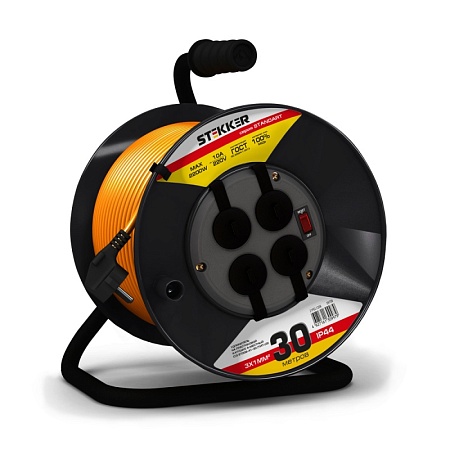 Удлинитель на пластиковой катушке Stekker STD02-41-30 (UG), 30м, 4 гнезда с/з 3*1,0, оранжевый, серия Standart - фото
