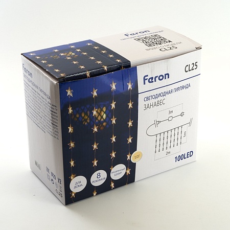 Светодиодная гирлянда Feron CL25 занавес Звездочки  2*1м  + 3м 2700K с контроллером, c питанием от сети 230V, прозрачный шнур - фото