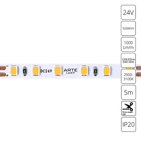 Светодиодная лента 24V 9,6W/m 3000К 5м Arte Lamp TAPE A2412005-01-3K - фото