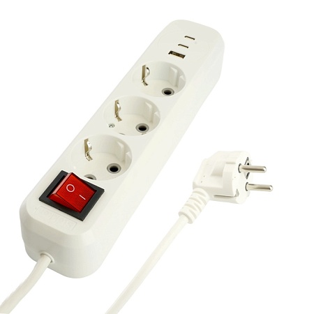 Удлинитель 3-местный с/з с выключ. STEKKER HM071-31-03 3x1мм2, 3м, 250В, 16А, 1USB+2C, 2.4A, сер Home, белый - фото