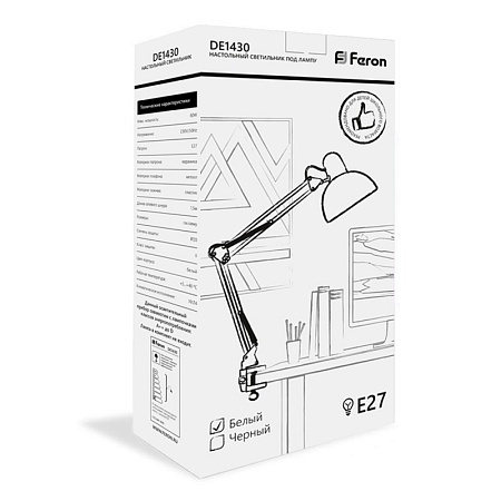 Светильник под лампу Feron DE1430 60W, 230V, патрон E27 на струбцине, белый - фото